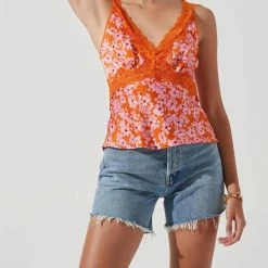 Astr women Elise Floral Lace Trimmed Sleeveless Top in Pink/Orange