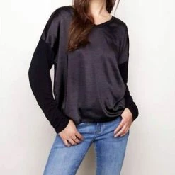 Charlie B women Satin Jersey Knit Top - C1324Pk-416B in Black