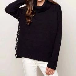 Charlie B women Turtleneck Fringe Sweater in Black