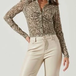 Astr women Lamora Mesh Button Down Top in Olive Cream Combo