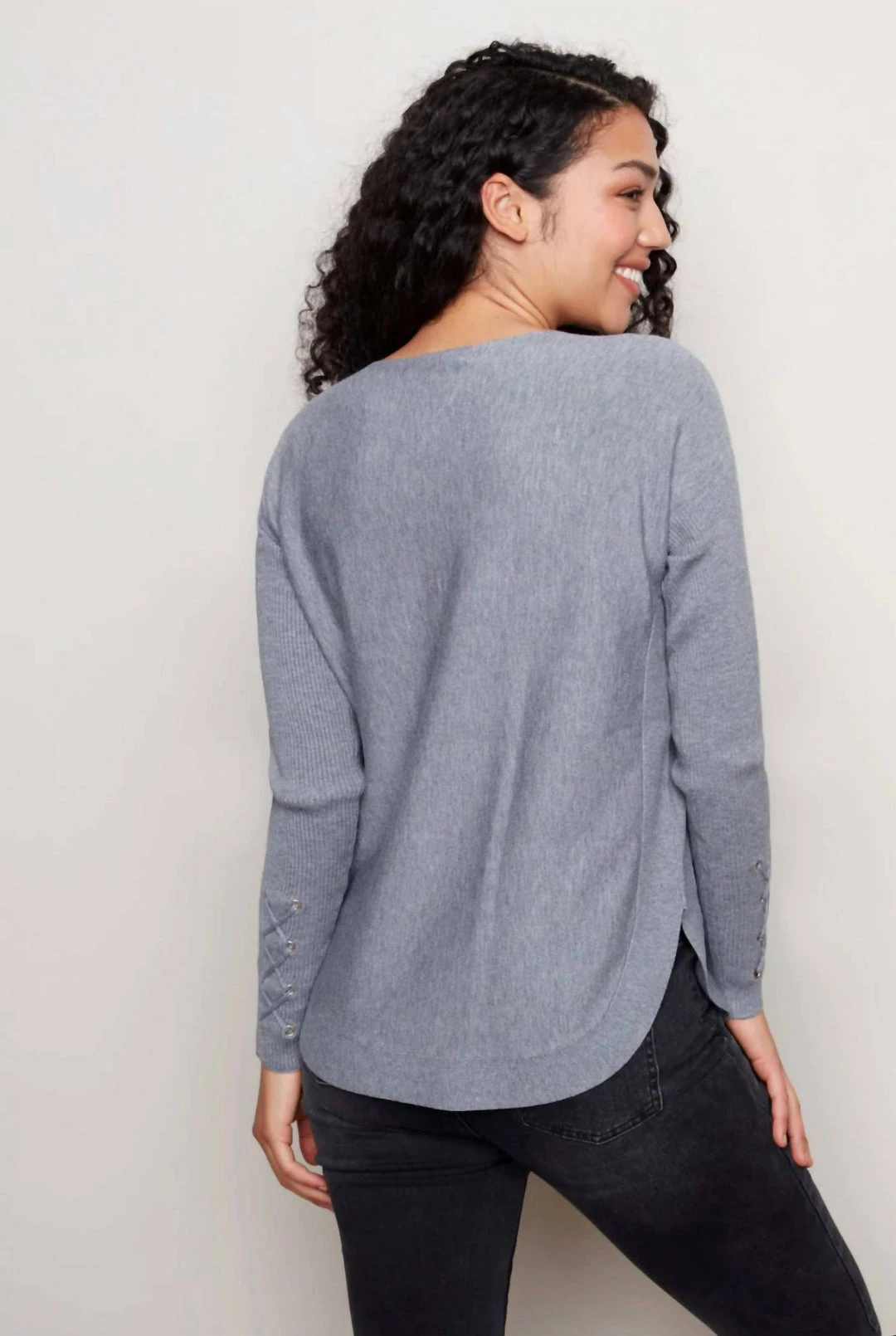 Charlie B women Cuff Lace Up Sweater in Gray - Image 3