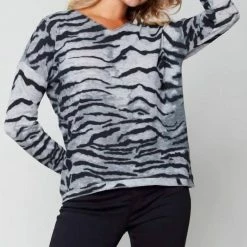 Charlie B women Zebra Knit Top - C1292Rr-006B in Gray/Black