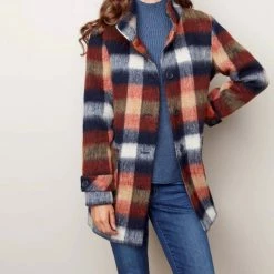 Charlie B women Plaid Funnel Neck Coat in Spice