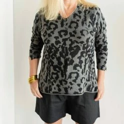 Charlie B women Animal Print V-Neck Sweater in Charcoal