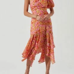 Astr women Santorini Floral One Shoulder Midi Dress in Pink Multi Floral