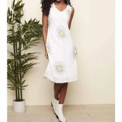 Charlie B women Sleeveless Cotton Gauze Printed Dress in White