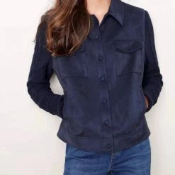 Charlie B women Faux Suede Jacket With Cable Sleeves in Navy