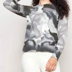 Charlie B women Reversible Printed Crew Neck Sweater in Charcoal