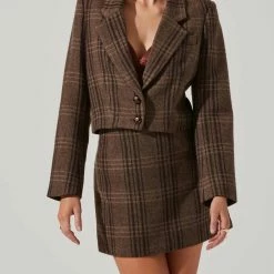 Astr women Brina Cropped Plaid Jacket in Brown Black Plaid