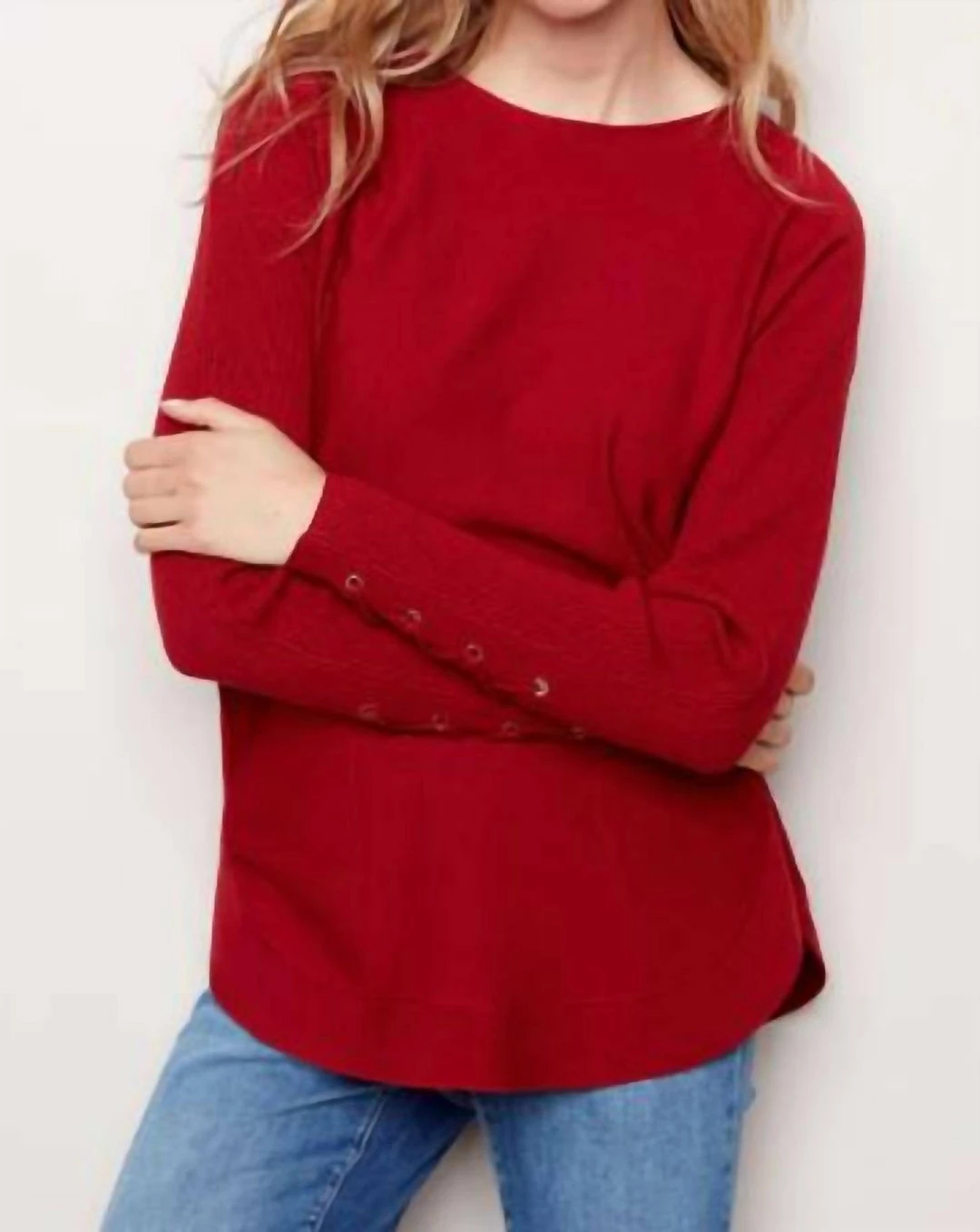 Charlie B women Sweater With Laced Sleeve C2380-464A in Scarlett