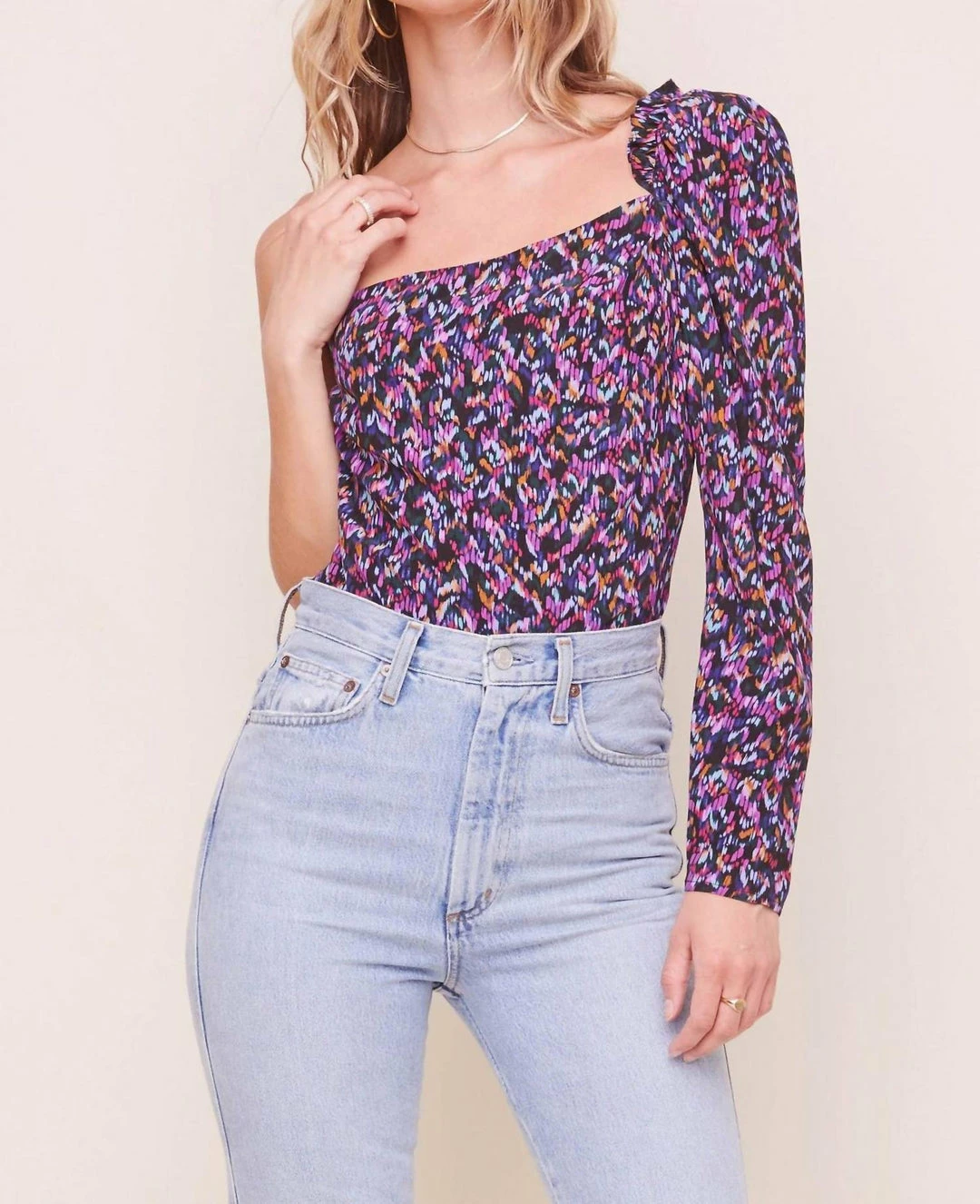 Astr women Isolde One Shoulder Bodysuit In Purple/Navy Multi - Image 3