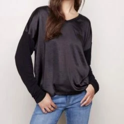 Charlie B women Satin Jersey V Neck Top in Black