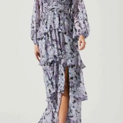 Astr women Anora Floral Tiered Maxi Dress in Black Purple Floral