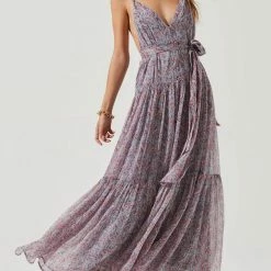Astr women V-Neck Maxi Dress in Blue Pink Multi