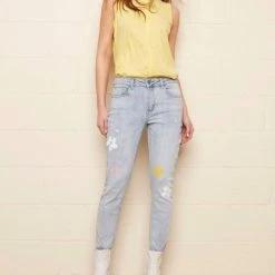 Charlie B women Flower Painted Denim Jeans in Light Denim Wash