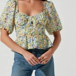 Astr women Clairemont Top in Yellow Green Floral