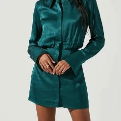Astr women Ruth Satin Shirt Mini Dress in Hunter Green
