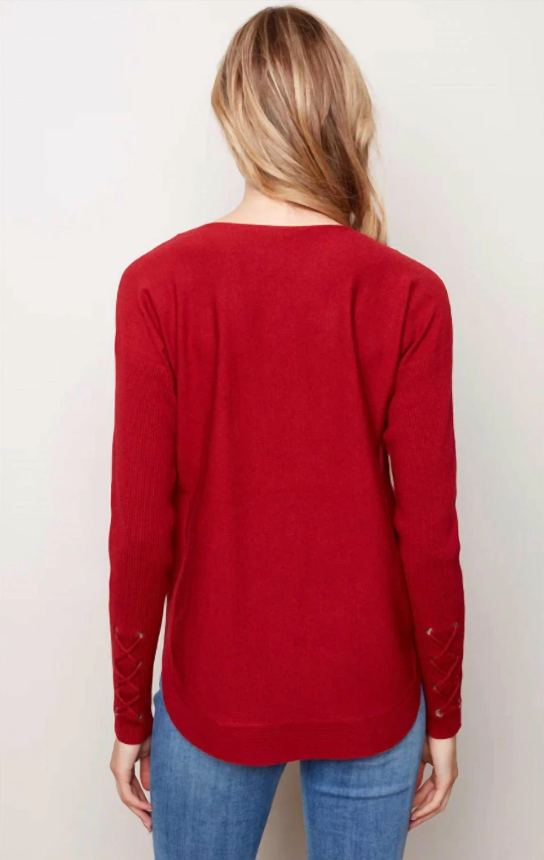 Charlie B women Sweater With Laced Sleeve C2380-464A in Scarlett - Image 2