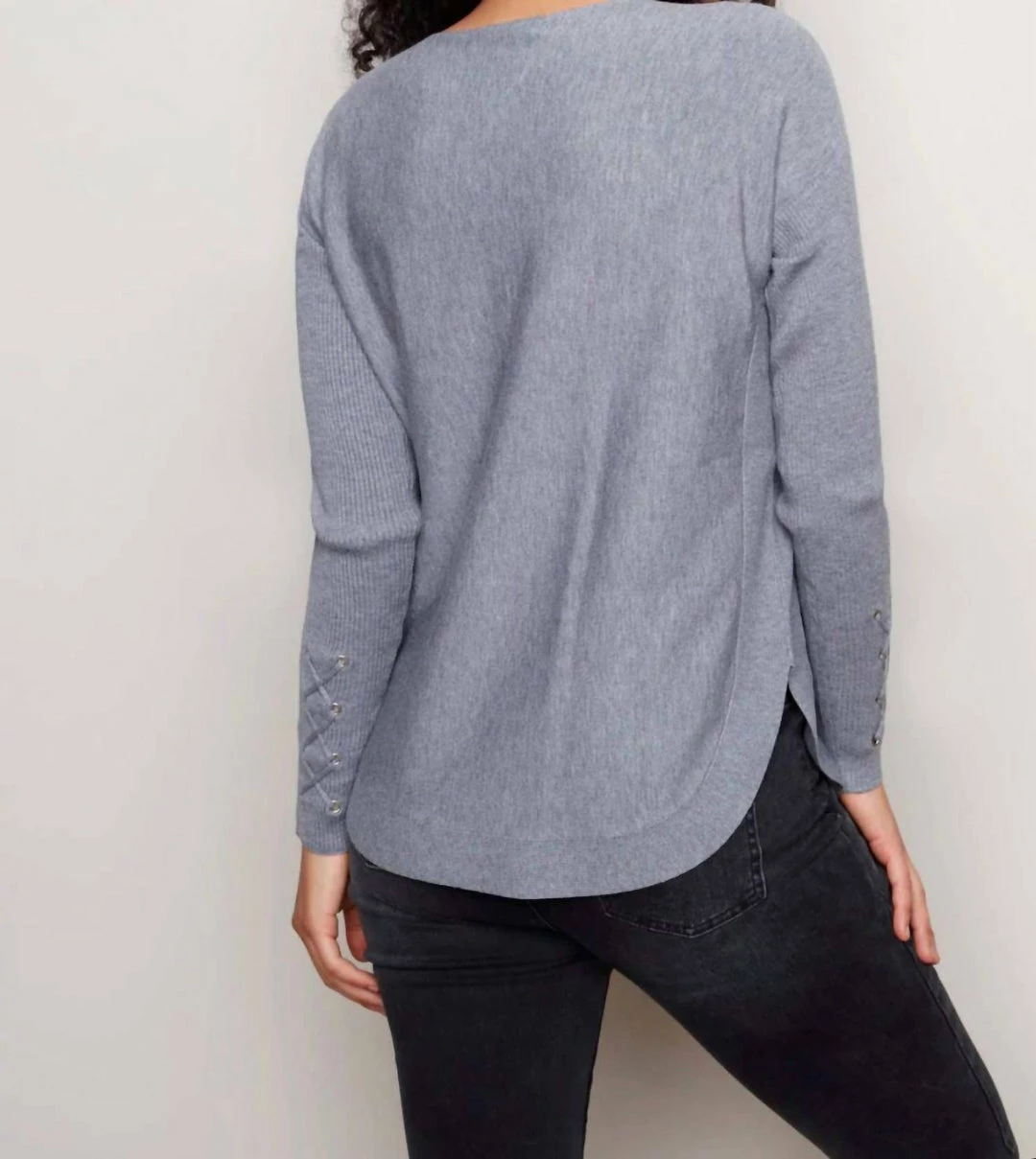 Charlie B women Cuff Lace Up Sweater in Gray - Image 2