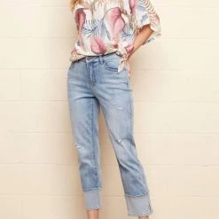 Charlie B women Denim Pant With Cuff Details In Light Blue
