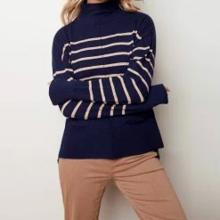 Charlie B women Striped Funnel Neck Sweater in Navy